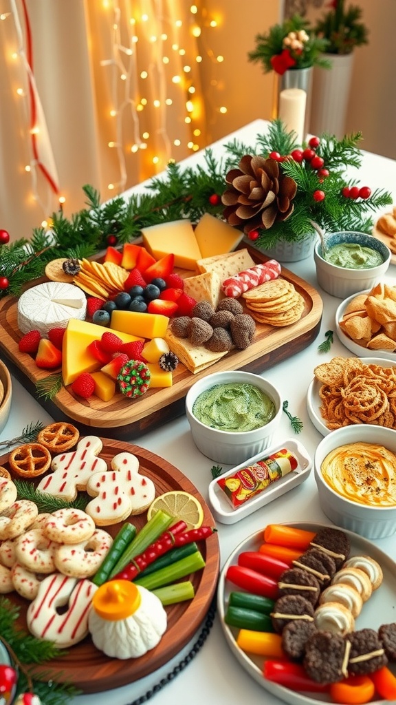 A festive Christmas snack spread featuring a cheese board, stuffed mushrooms, vegetable platter, and decorated cookies.